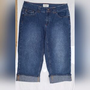 St John's Bay Women's Blue Stretch Cuffed Embroidered Capri Jeans Size 10 Petite